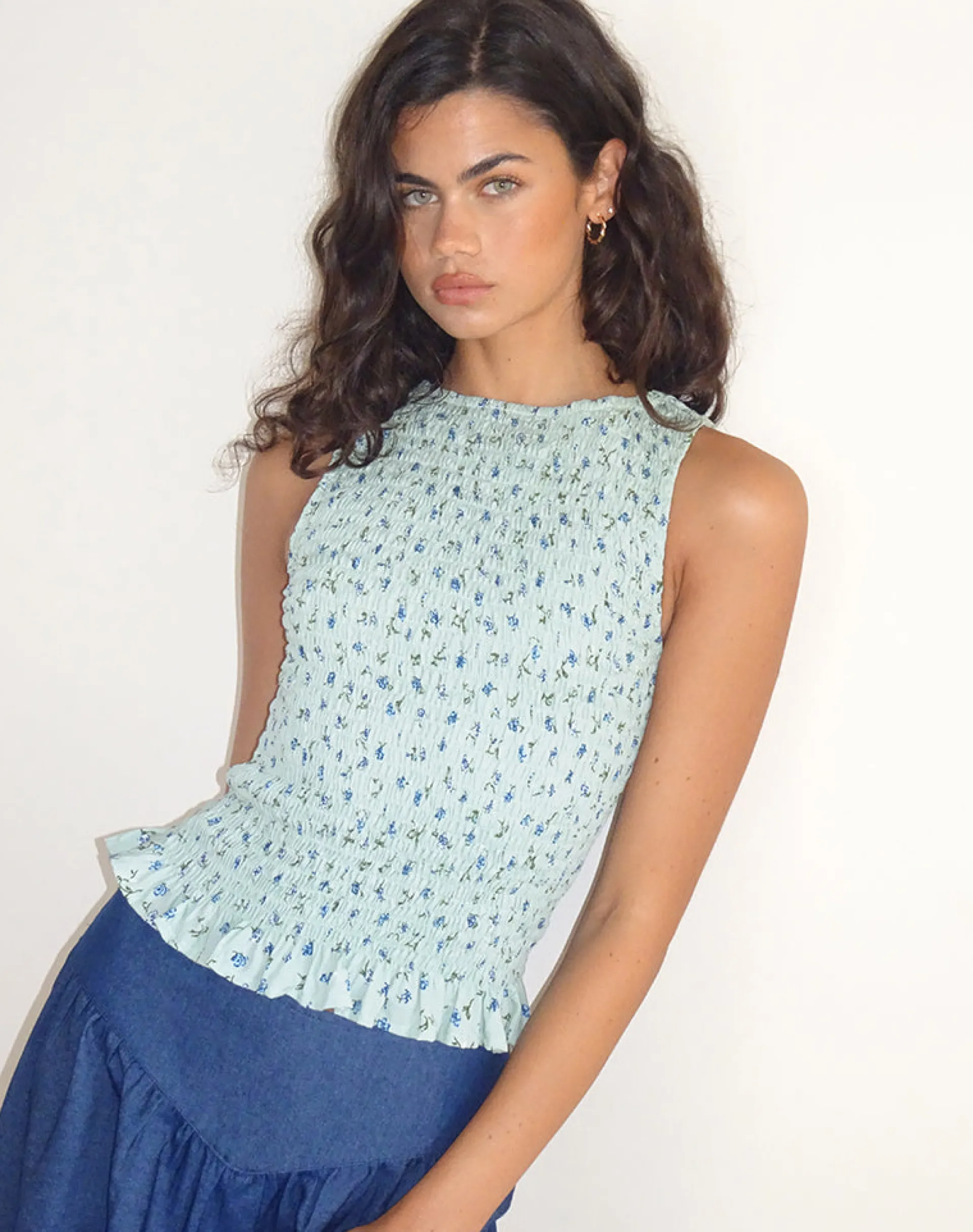 Motel Rocks Printed Tops-Birita Shirred Top in Pretty Petal Green prettypetalgreen