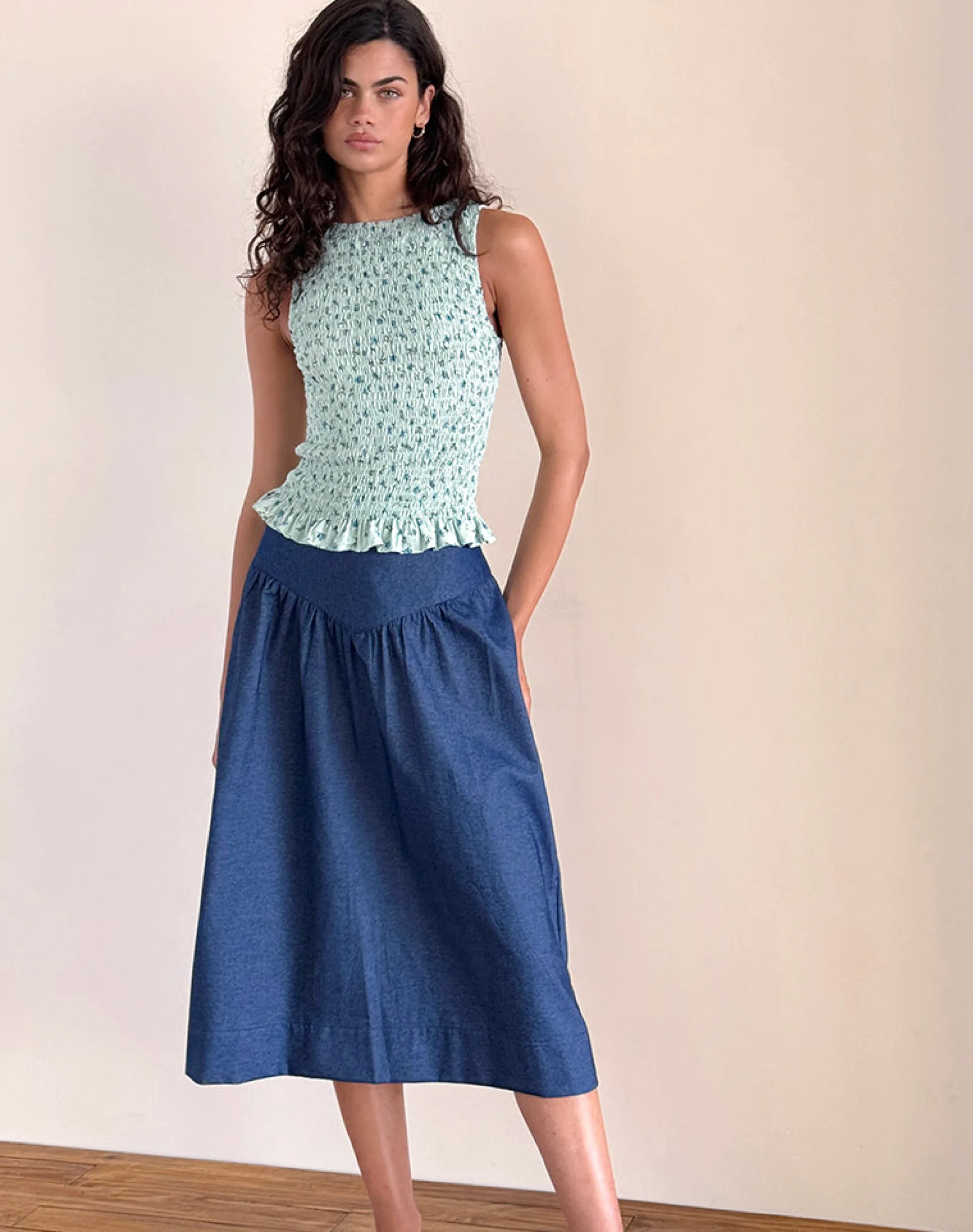 Motel Rocks Printed Tops-Birita Shirred Top in Pretty Petal Green prettypetalgreen