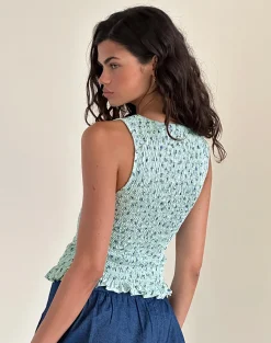 Motel Rocks Printed Tops-Birita Shirred Top in Pretty Petal Green prettypetalgreen