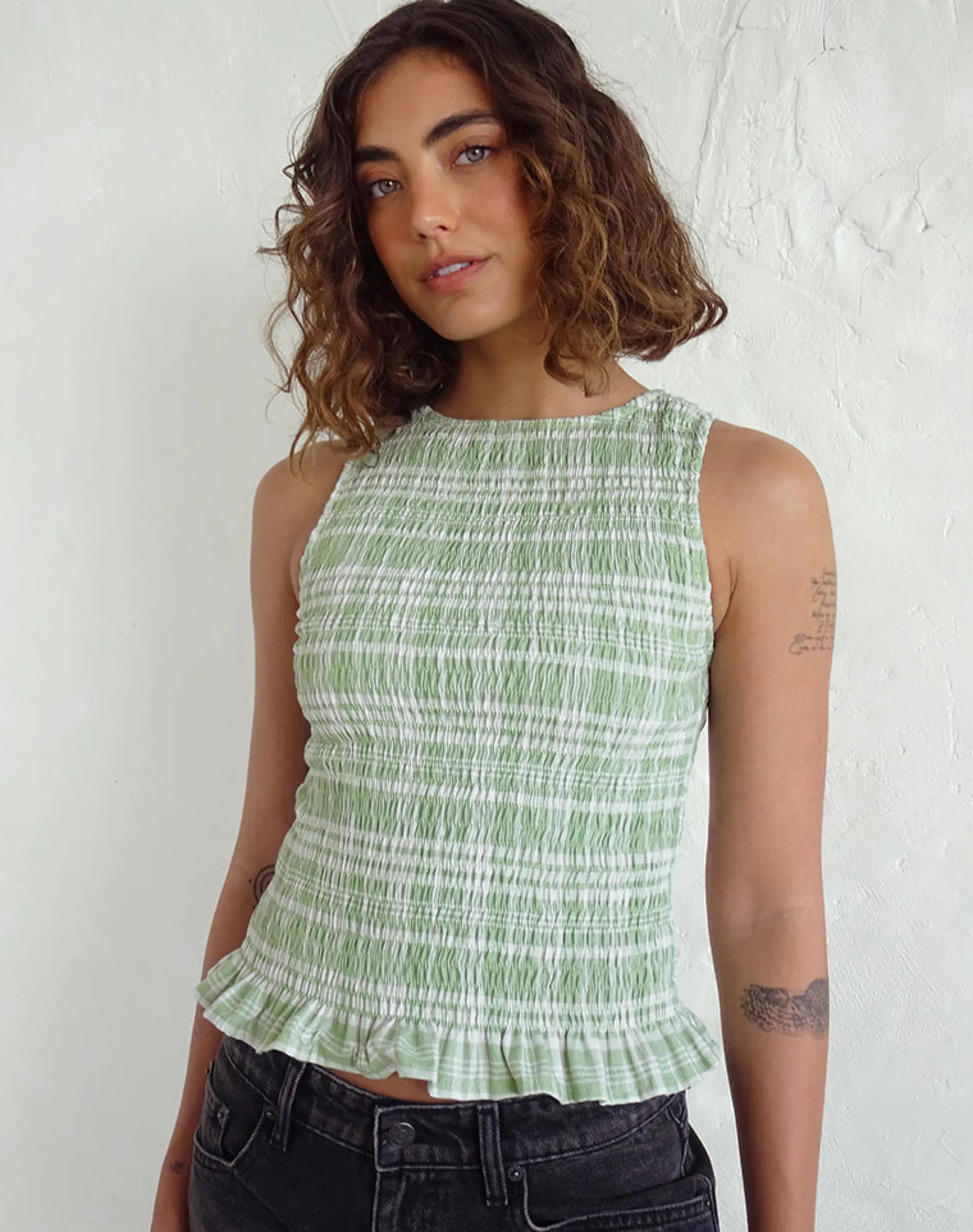 Motel Rocks Printed Tops-Birita Shirred Top in Table Cloth Neo Mint TableClothNeoMint