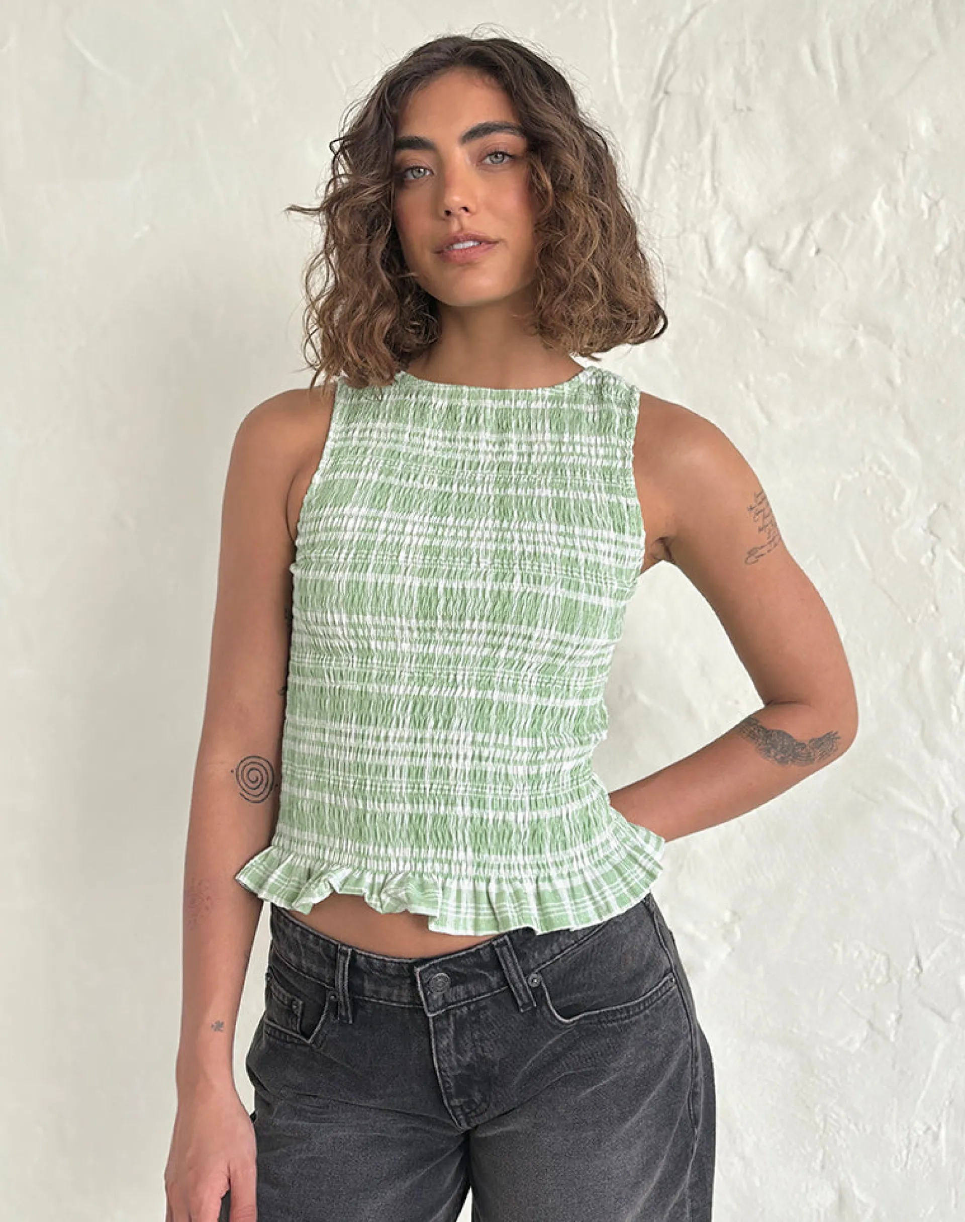 Motel Rocks Printed Tops-Birita Shirred Top in Table Cloth Neo Mint TableClothNeoMint