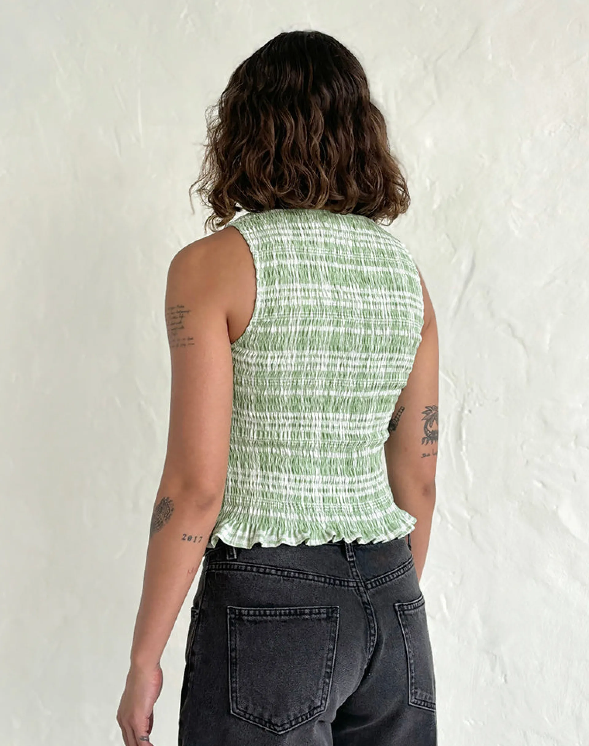 Motel Rocks Printed Tops-Birita Shirred Top in Table Cloth Neo Mint TableClothNeoMint
