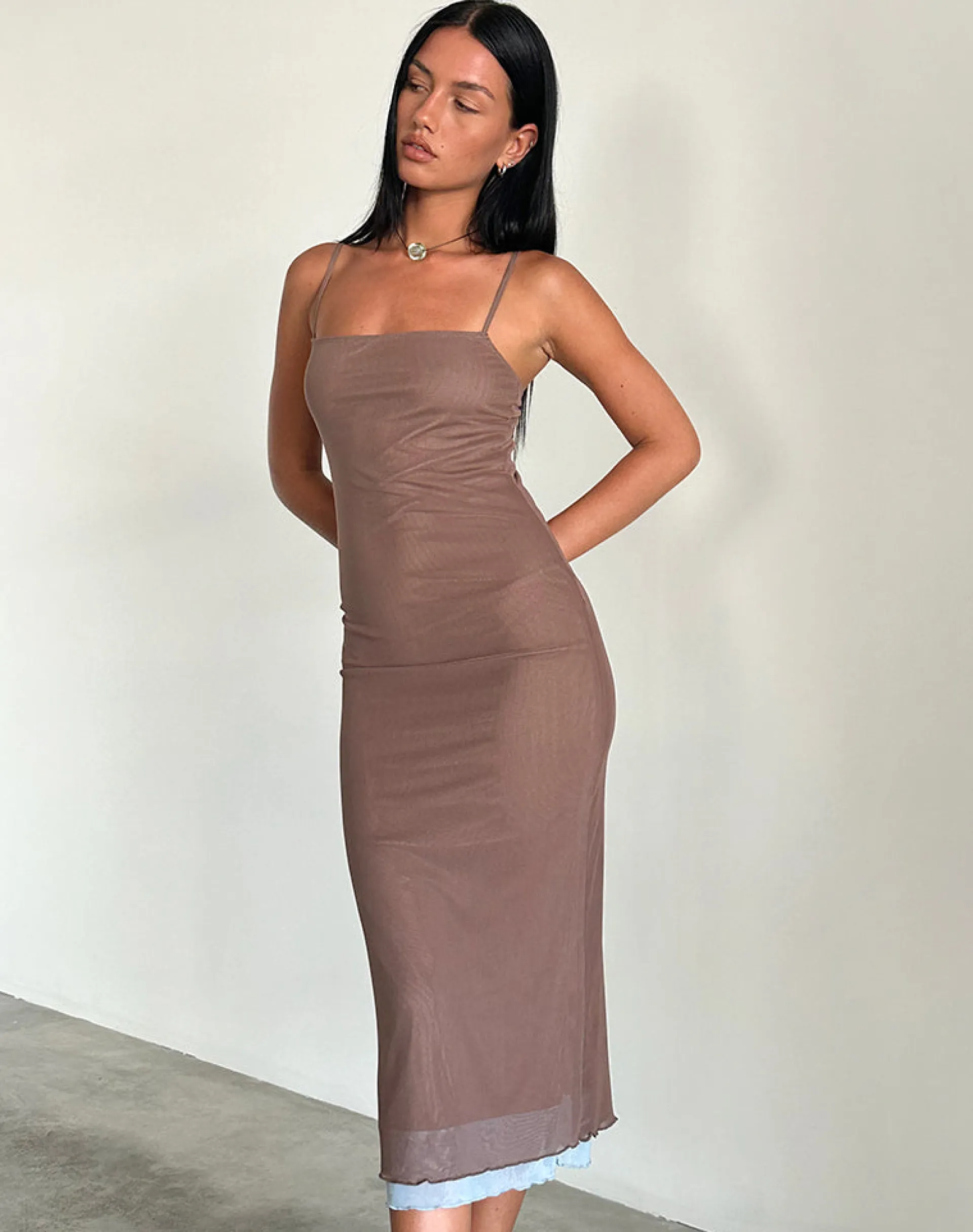 Motel Rocks Bodycon Dresses | Midi Dresses-Bisilk Midi Dress in Mesh Brown with Light Blue