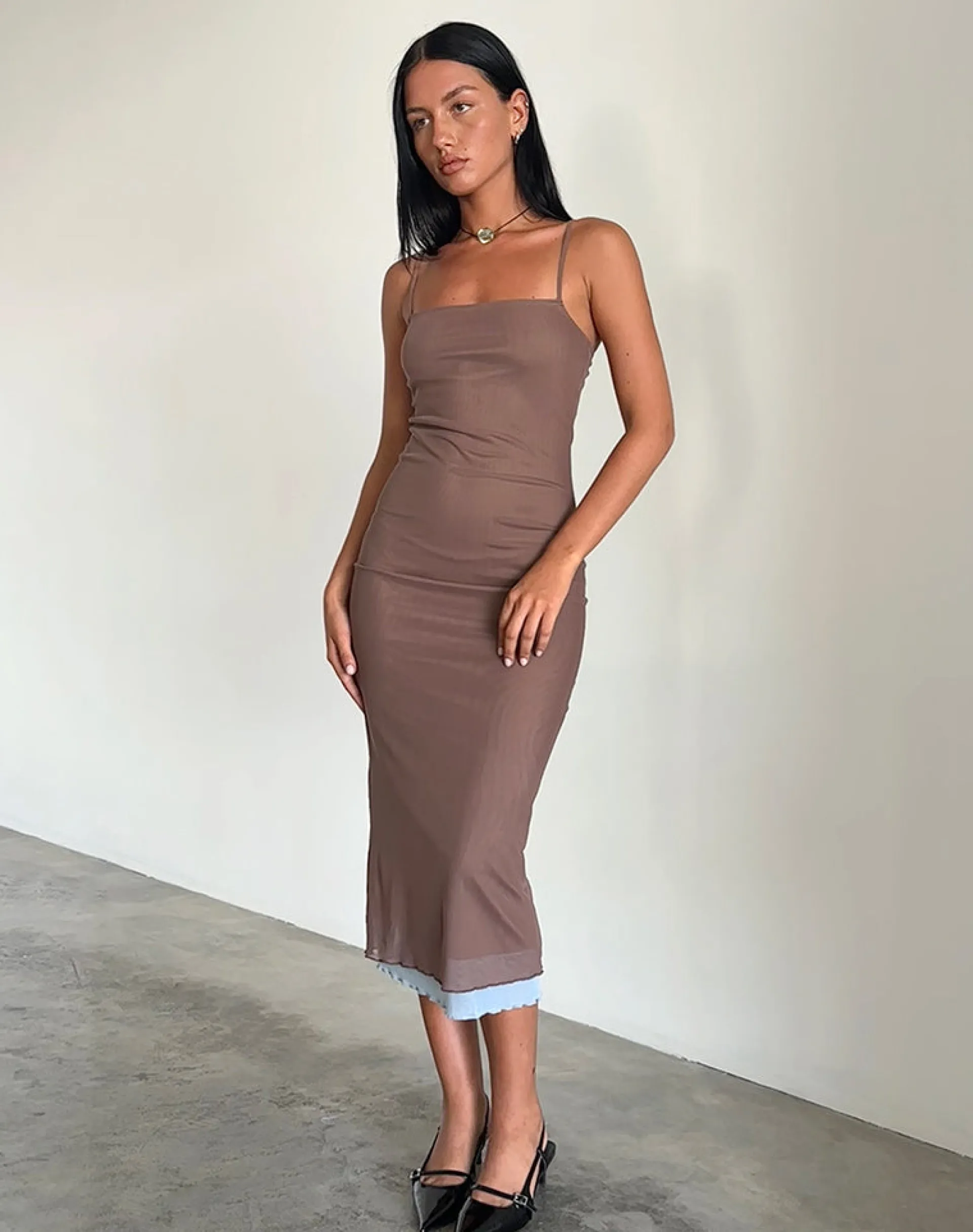 Motel Rocks Bodycon Dresses | Midi Dresses-Bisilk Midi Dress in Mesh Brown with Light Blue
