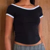 Motel Rocks Basics | Basic Tops-Bitha Crop Top in Black with White Piping BlackwithWhitePiping