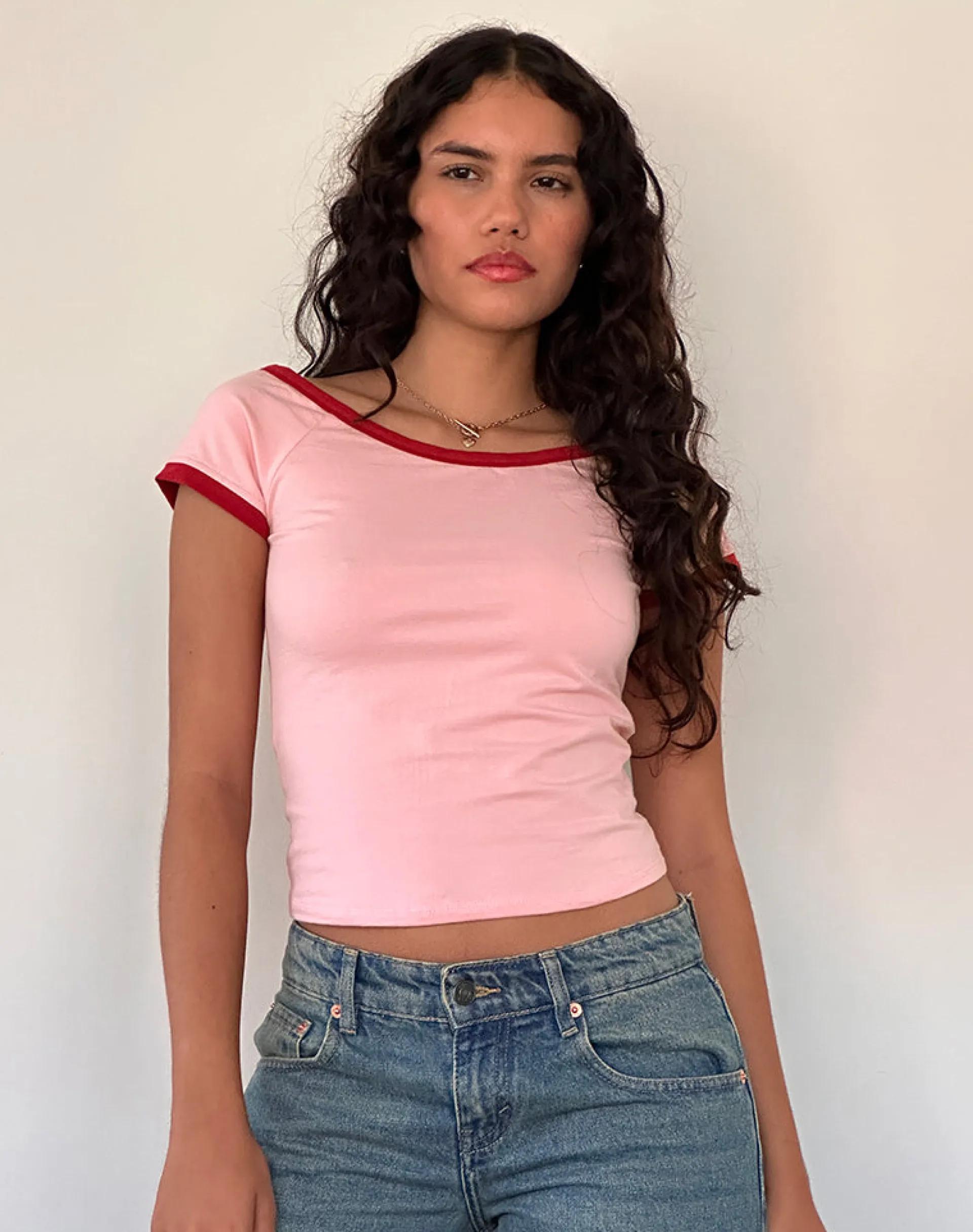 Motel Rocks Basics | Basic Tops-Bitha Top in Ballet Pink with Adrenaline Red Binding BalletPinkwithAdrenalineRedBinding