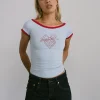 Motel Rocks Basic Tops | Printed Tops-Bitha Top in Powder Blue with Adrenaline Red Binding and Strawberry Bow Print PowderBluewithAdrenalineRedandStrawberryBow