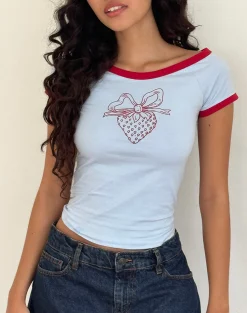Motel Rocks Basic Tops | Printed Tops-Bitha Top in Powder Blue with Adrenaline Red Binding and Strawberry Bow Print PowderBluewithAdrenalineRedandStrawberryBow