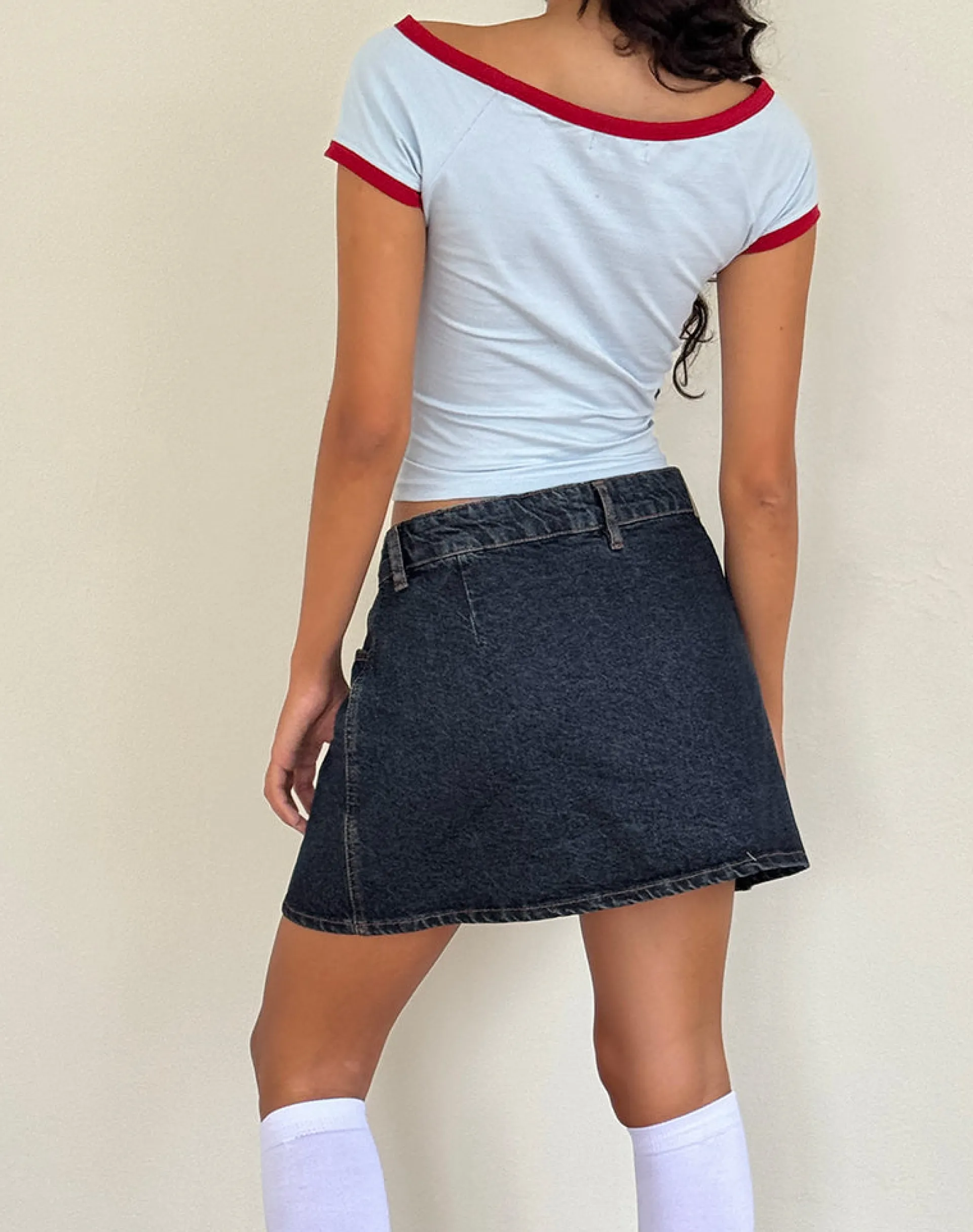 Motel Rocks Basic Tops | Printed Tops-Bitha Top in Powder Blue with Adrenaline Red Binding and Strawberry Bow Print PowderBluewithAdrenalineRedandStrawberryBow
