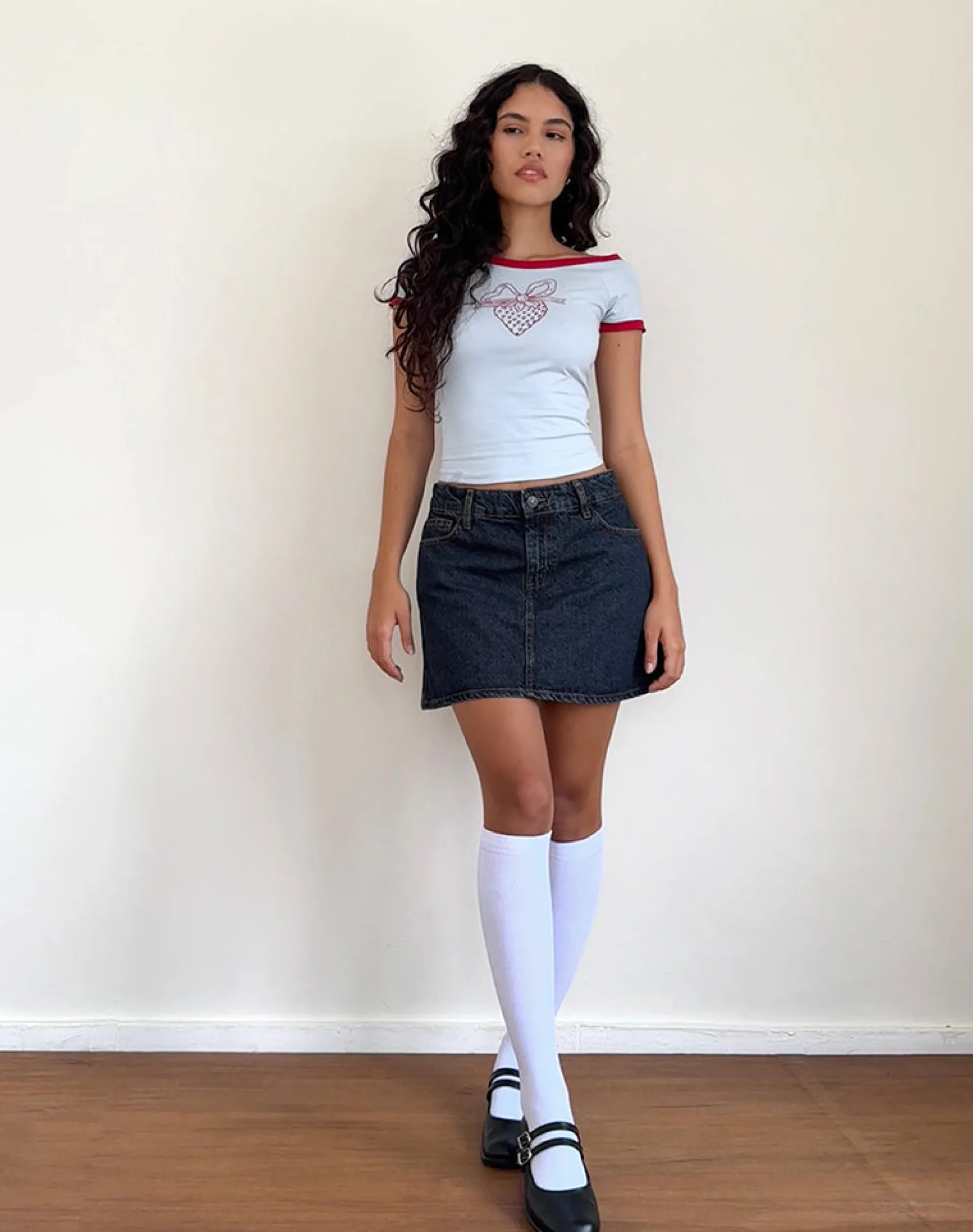 Motel Rocks Basic Tops | Printed Tops-Bitha Top in Powder Blue with Adrenaline Red Binding and Strawberry Bow Print PowderBluewithAdrenalineRedandStrawberryBow