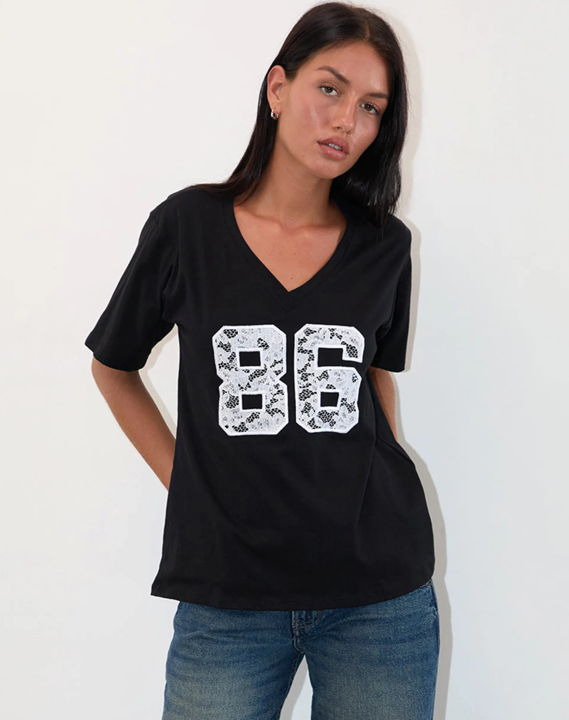 Motel Rocks Printed Tops | Tees-Blaine Oversized Tee in Black with 86 White Lace Embroidery