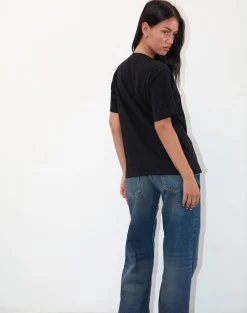Motel Rocks Printed Tops | Tees-Blaine Oversized Tee in Black with 86 White Lace Embroidery