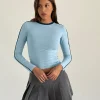 Motel Rocks Basic Tops | Long Sleeve Tops-Bonija Long Sleeve Top in Nantucket Blue with Navy Piping and M Embroidery NantucketBluewithNavyPipingandMEmbroidery