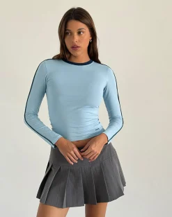 Motel Rocks Basic Tops | Long Sleeve Tops-Bonija Long Sleeve Top in Nantucket Blue with Navy Piping and M Embroidery NantucketBluewithNavyPipingandMEmbroidery