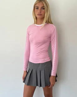Motel Rocks Basics | Basic Tops-Bonija Long Sleeve Top in Flamingo Pink with White Piping and M Embroidery FlamingoPinkwithWhitePipingandMEmbroidery