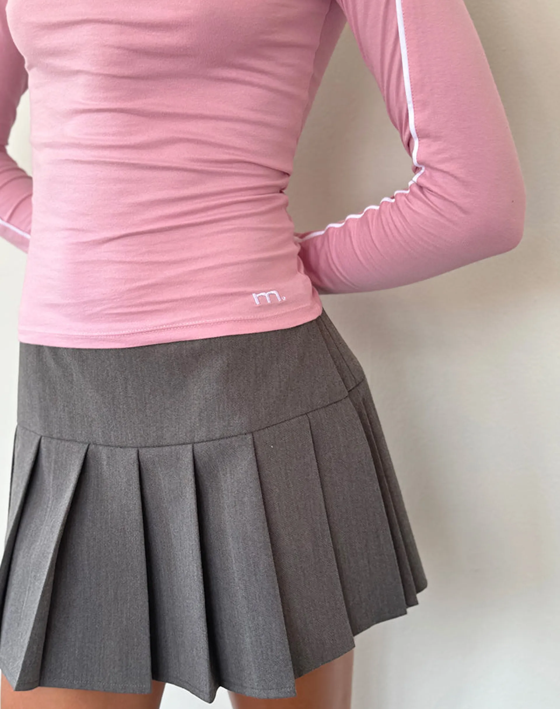 Motel Rocks Basics | Basic Tops-Bonija Long Sleeve Top in Flamingo Pink with White Piping and M Embroidery FlamingoPinkwithWhitePipingandMEmbroidery