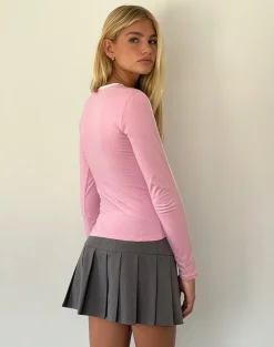 Motel Rocks Basics | Basic Tops-Bonija Long Sleeve Top in Flamingo Pink with White Piping and M Embroidery FlamingoPinkwithWhitePipingandMEmbroidery