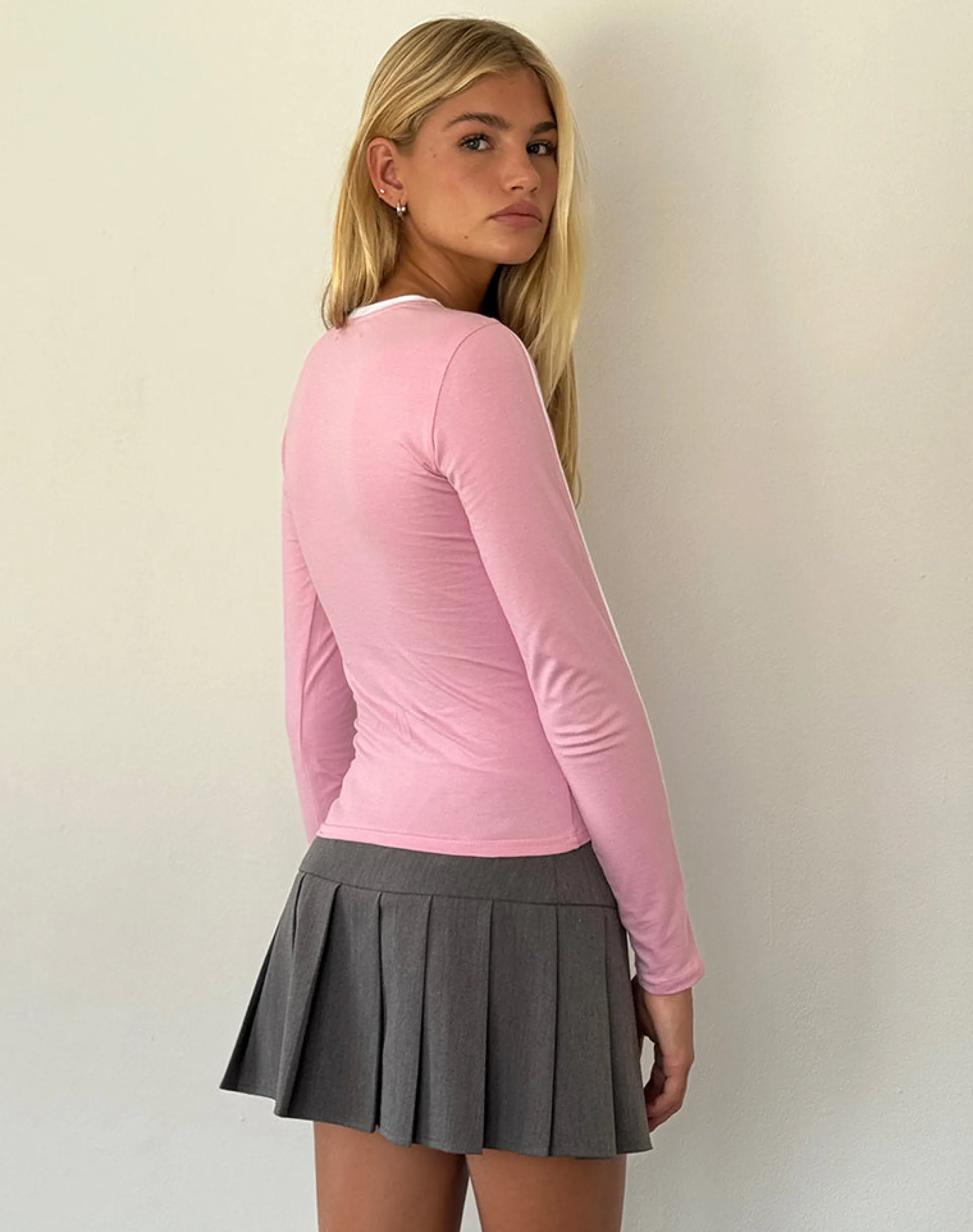 Motel Rocks Basics | Basic Tops-Bonija Long Sleeve Top in Flamingo Pink with White Piping and M Embroidery FlamingoPinkwithWhitePipingandMEmbroidery