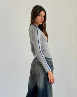 Motel Rocks Basic Tops | Long Sleeve Tops-Bonija Long Sleeve Top in Grey with Cobalt Blue Piping GreywithCobaltBluePiping