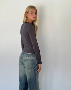 Motel Rocks Basics | Basic Tops-Bonija Long Sleeve Top in Beluga with Black Piping and M Embroidery BelugawithBlackPipingandMEmbroidery