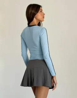 Motel Rocks Basic Tops | Long Sleeve Tops-Bonija Long Sleeve Top in Nantucket Blue with Navy Piping and M Embroidery NantucketBluewithNavyPipingandMEmbroidery