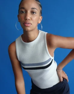 Motel Rocks Vest Tops-Bonisa Vest in White with Grey and Black Stripe