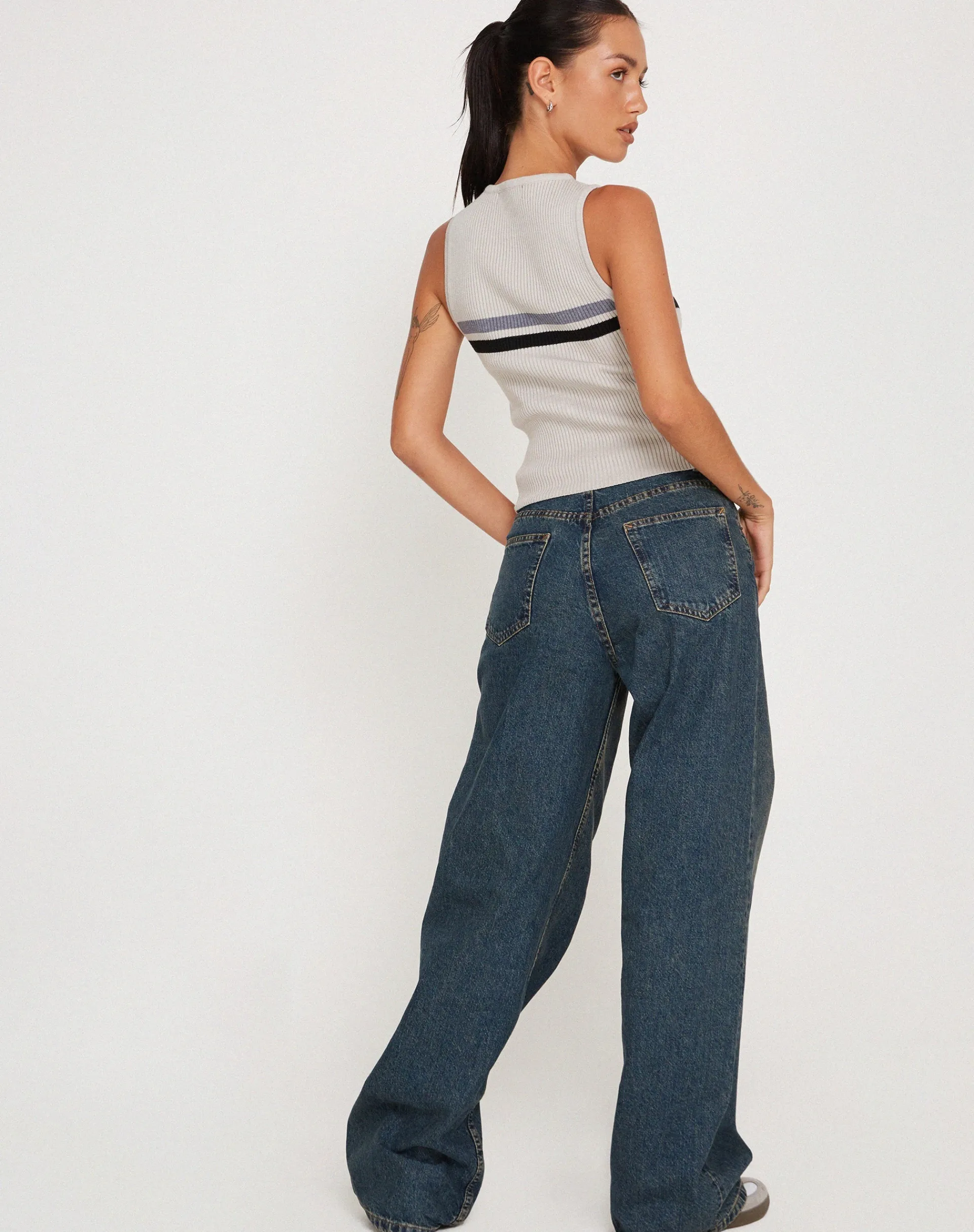 Motel Rocks Vest Tops-Bonisa Vest in White with Grey and Black Stripe