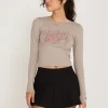 Motel Rocks Basic Tops | Printed Tops-Bonja Long Sleeve Crop Top in Dove Grey Heart DoveGreyHeart