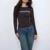 Motel Rocks Long Sleeve Tops-Bonjita Long Sleeve Top in Chocolate Brown with Ash Blue Two Stripe Binding