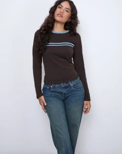 Motel Rocks Long Sleeve Tops-Bonjita Long Sleeve Top in Chocolate Brown with Ash Blue Two Stripe Binding