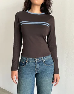 Motel Rocks Long Sleeve Tops-Bonjita Long Sleeve Top in Chocolate Brown with Ash Blue Two Stripe Binding