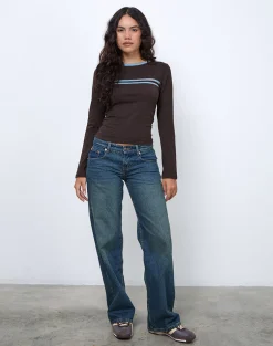 Motel Rocks Long Sleeve Tops-Bonjita Long Sleeve Top in Chocolate Brown with Ash Blue Two Stripe Binding