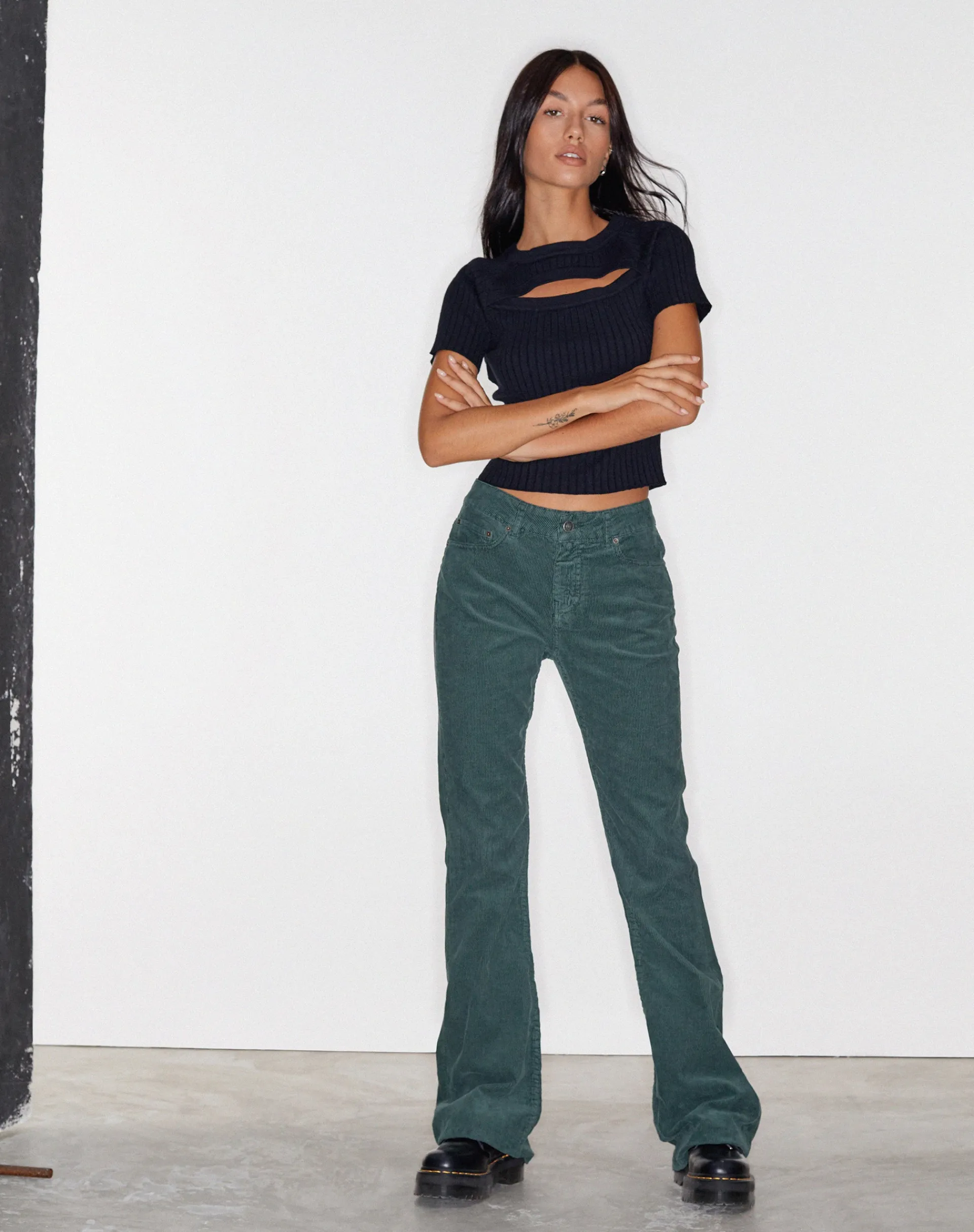 Motel Rocks Jeans | Flared Jeans-Bootleg Jeans in Cord Forest Green CordForestGreen