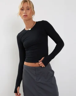 Motel Rocks Long Sleeve Tops-Bouse Long Sleeve Thumbhole Top in Black