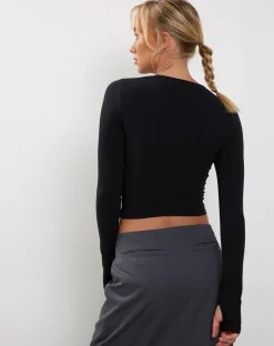 Motel Rocks Long Sleeve Tops-Bouse Long Sleeve Thumbhole Top in Black
