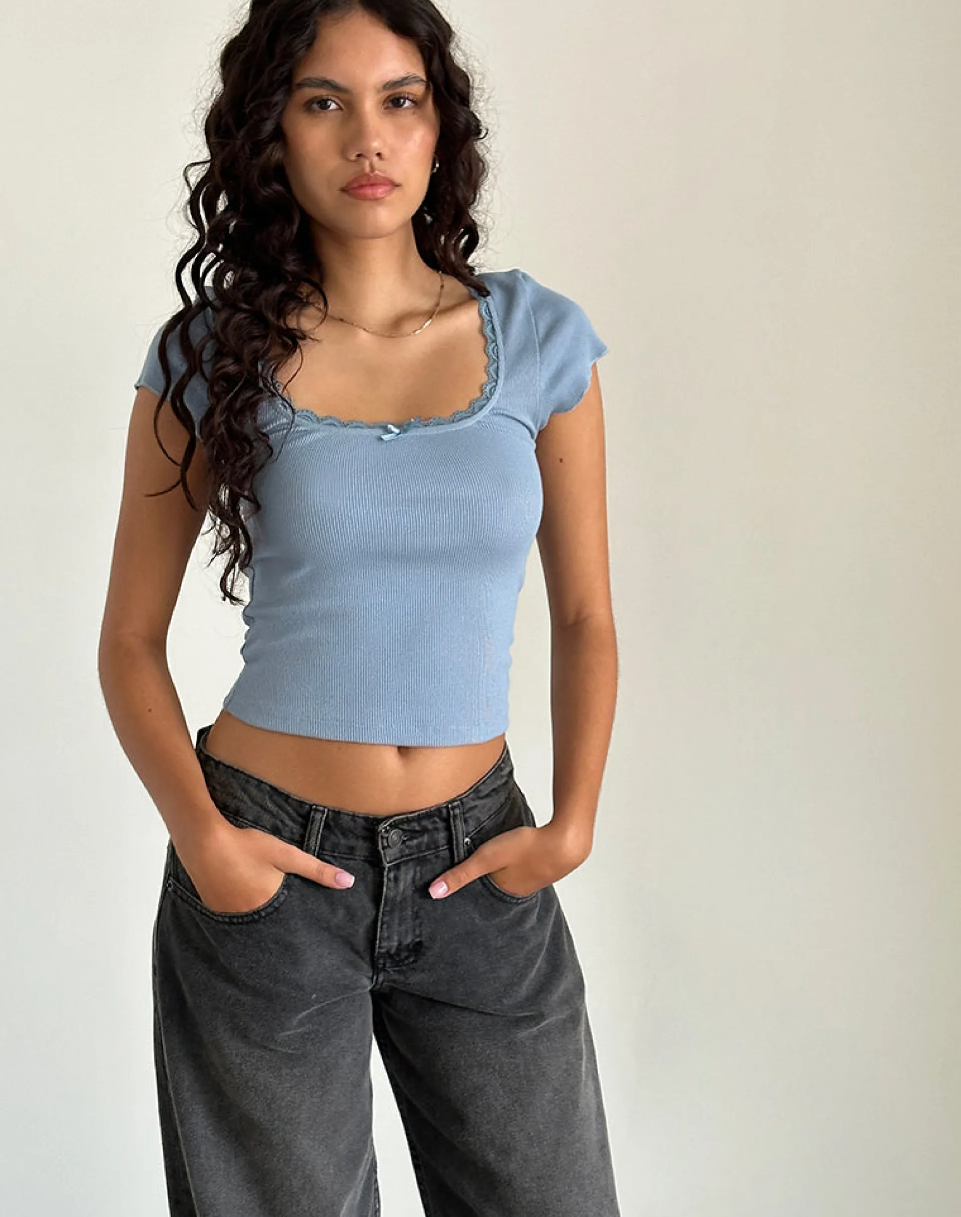 Motel Rocks Basic Tops-Bovillo Cap Sleeve Top in Nantucket Blue NantucketBlue