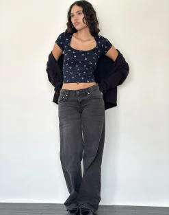 Motel Rocks Printed Tops-Bovino Top in Mini Bow Navy