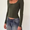 Motel Rocks Basics | Basic Tops-Bovita Long Sleeve Ribbed Top in Olive