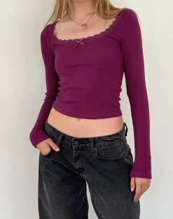 Motel Rocks Basics | Basic Tops-Bovita Long Sleeve Ribbed Top in berry