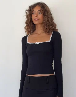 Motel Rocks Basics | Basic Tops-Bovita Long Sleeve Top in Black with Off White Trim BlackwithOffWhiteTrim