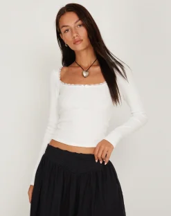 Motel Rocks Basics | Basic Tops-Bovita Long Sleeve Top in Rib White RibWhite