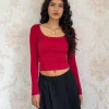 Motel Rocks Basics | Basic Tops-Bovita Long Sleeve Top in Adrenaline Red adrenalinered