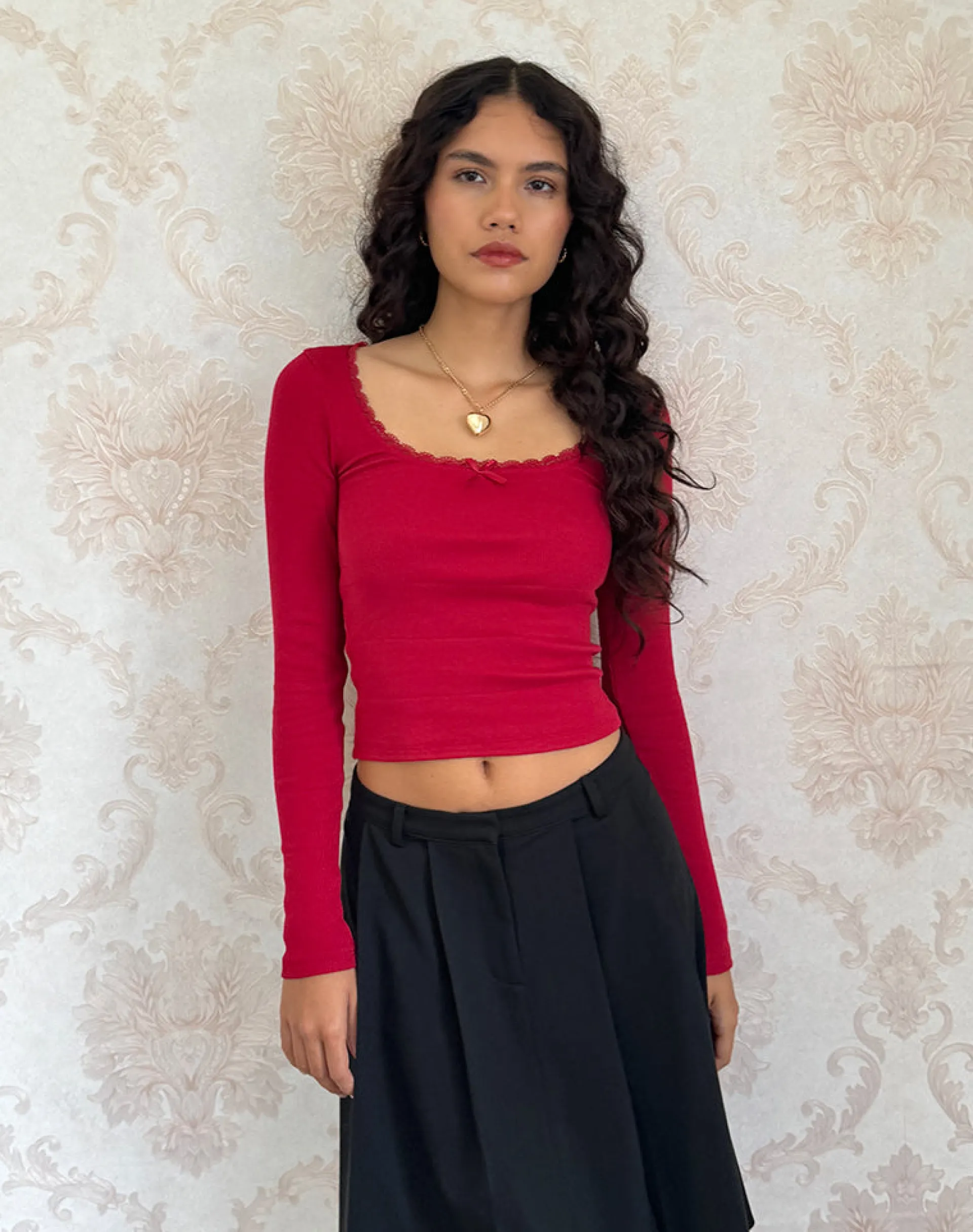 Motel Rocks Basics | Basic Tops-Bovita Long Sleeve Top in Adrenaline Red adrenalinered