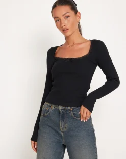 Motel Rocks Basics | Basic Tops-Bovita Long Sleeve Top in Rib Black RibBlack