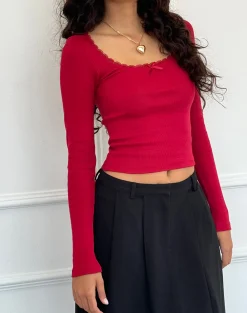 Motel Rocks Basics | Basic Tops-Bovita Long Sleeve Top in Adrenaline Red adrenalinered