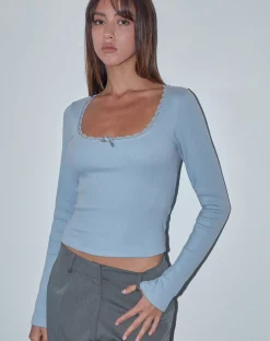 Motel Rocks Basics | Basic Tops-Bovita Long Sleeve Top in Nantucket Blue NantucketBlue