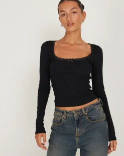 Motel Rocks Basics | Basic Tops-Bovita Long Sleeve Top in Rib Black RibBlack
