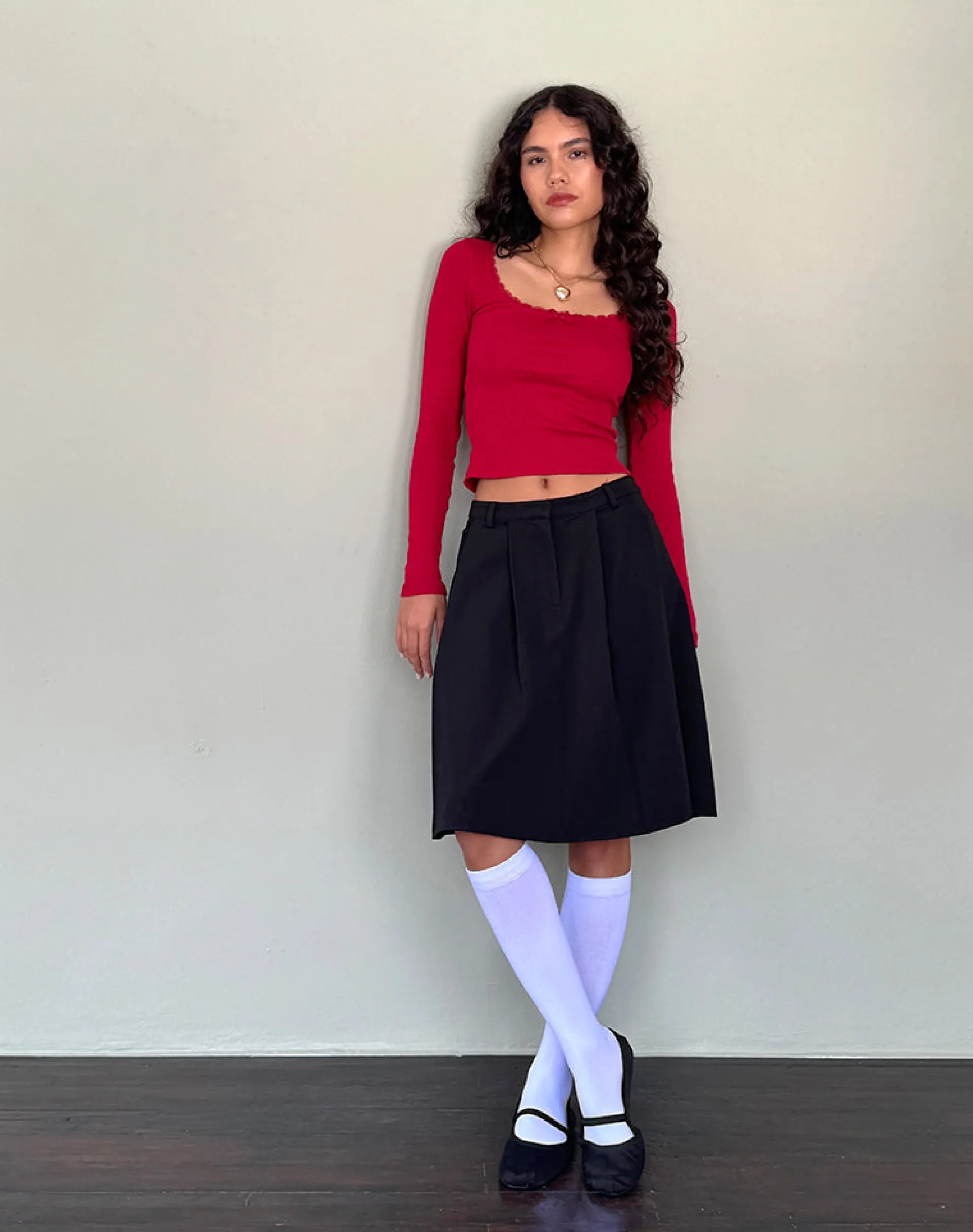 Motel Rocks Basics | Basic Tops-Bovita Long Sleeve Top in Adrenaline Red adrenalinered