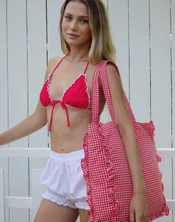 Motel Rocks Swimwear-Brie Frill Tote Bag in Red Gingham