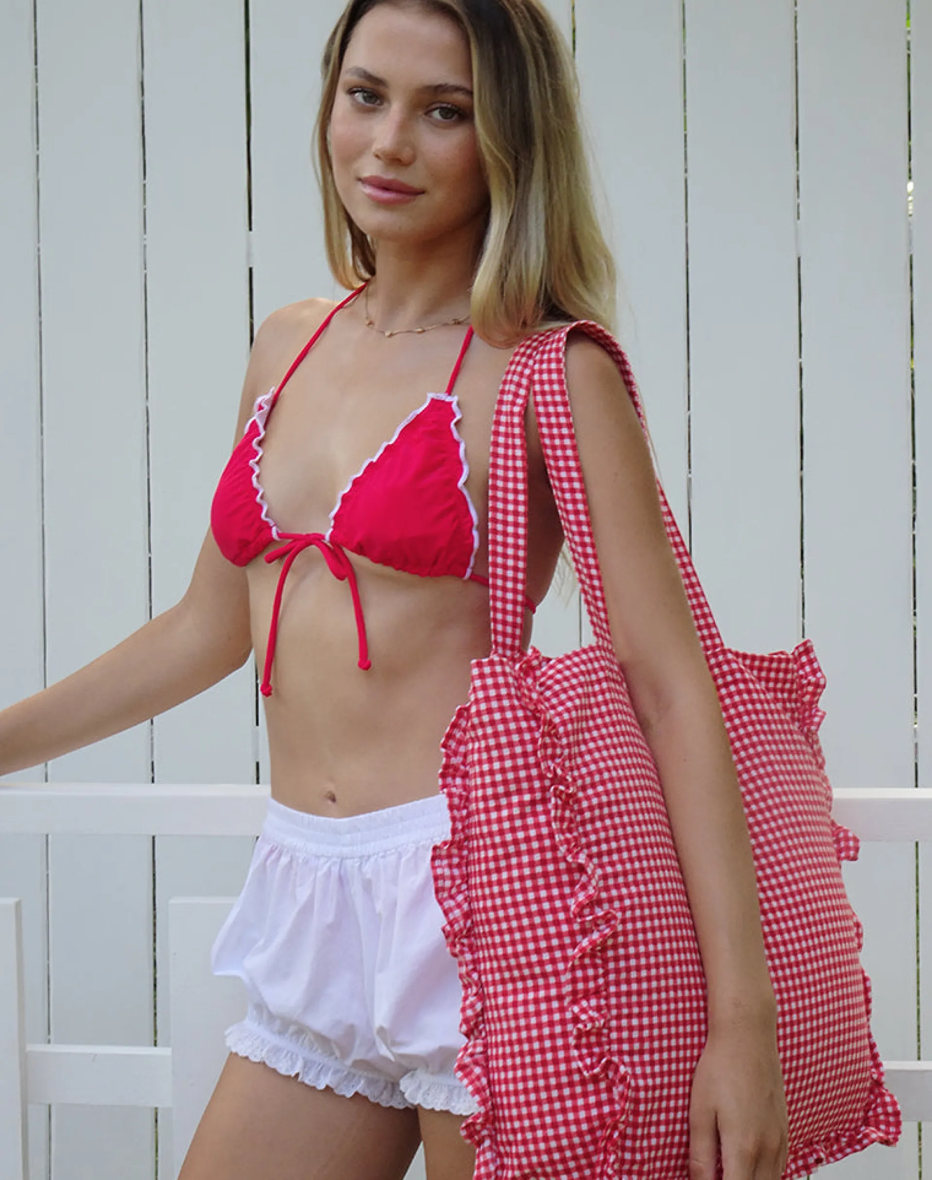 Motel Rocks Swimwear-Brie Frill Tote Bag in Red Gingham